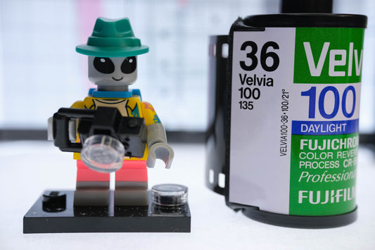 ZENAUT the humble Lego alien Tourist which became the test subject for OP7 + film, Image taken with Fujifilm X-M5, 27mm f2.8 lens and OP7 close-focus conversion lens.